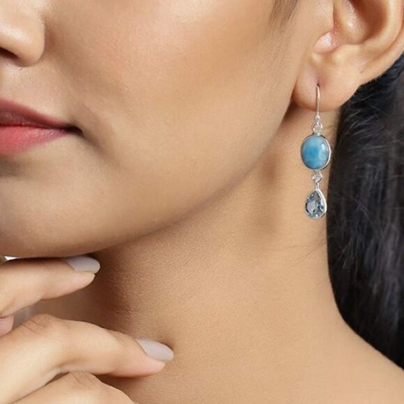 New Genuine Larimar / Blue Topaz / 925 Sterling Silver Earrings Larimar Earrings - Picture 6 of 10